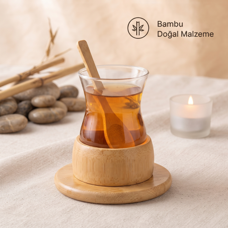 18 Parça Bambu Çay Seti - 6 Çay Bardağı - Borosilikat Cam  - 2